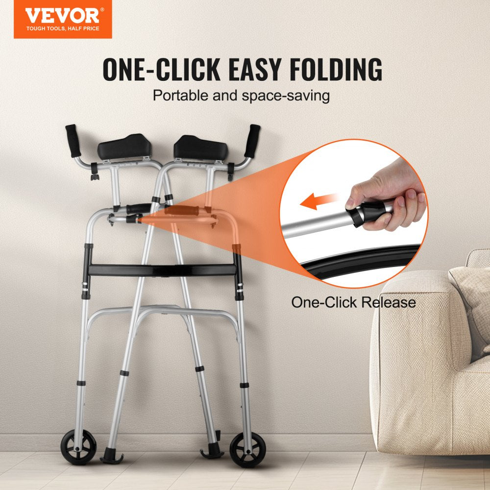 VEVOR 2 in 1 Folding Walker & Removable Armrests, Height Adjustable Foldable Walker with 5" Solid Wheels, Lightweight