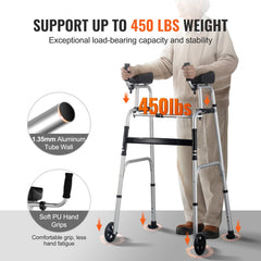 VEVOR 2 in 1 Folding Walker & Removable Armrests, Height Adjustable Foldable Walker with 5" Solid Wheels, Lightweight