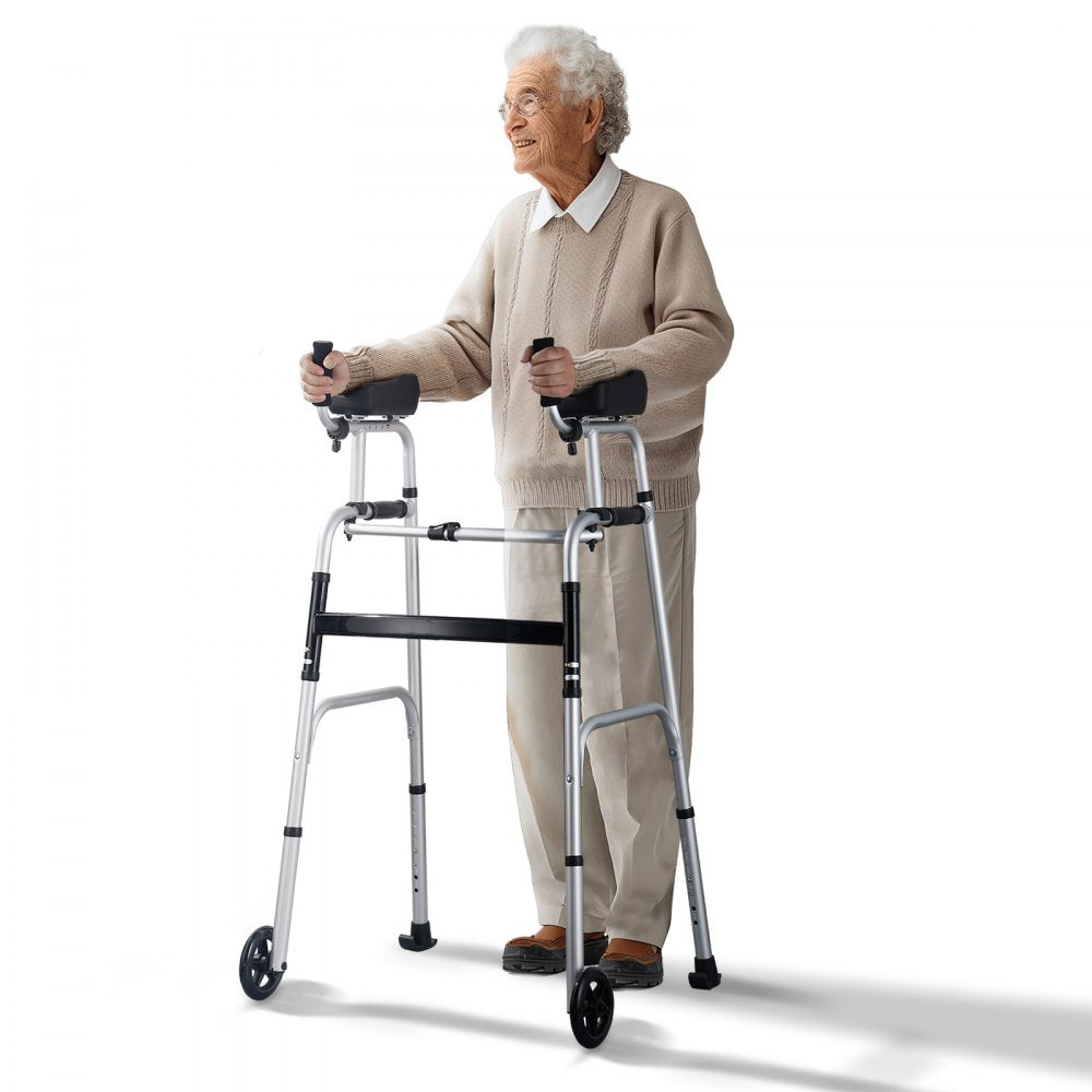 VEVOR 2 in 1 Folding Walker & Removable Armrests, Height Adjustable Foldable Walker with 5" Solid Wheels, Lightweight
