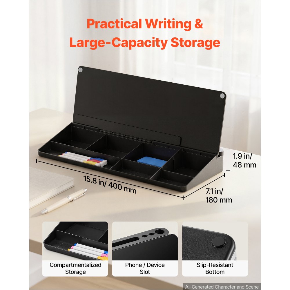 VEVOR Desktop Glass Dry Erase Board 15.8 x 7.1 x 1.9 in Desk Whiteboard, Compartment Storage, Non-Slip Bottom