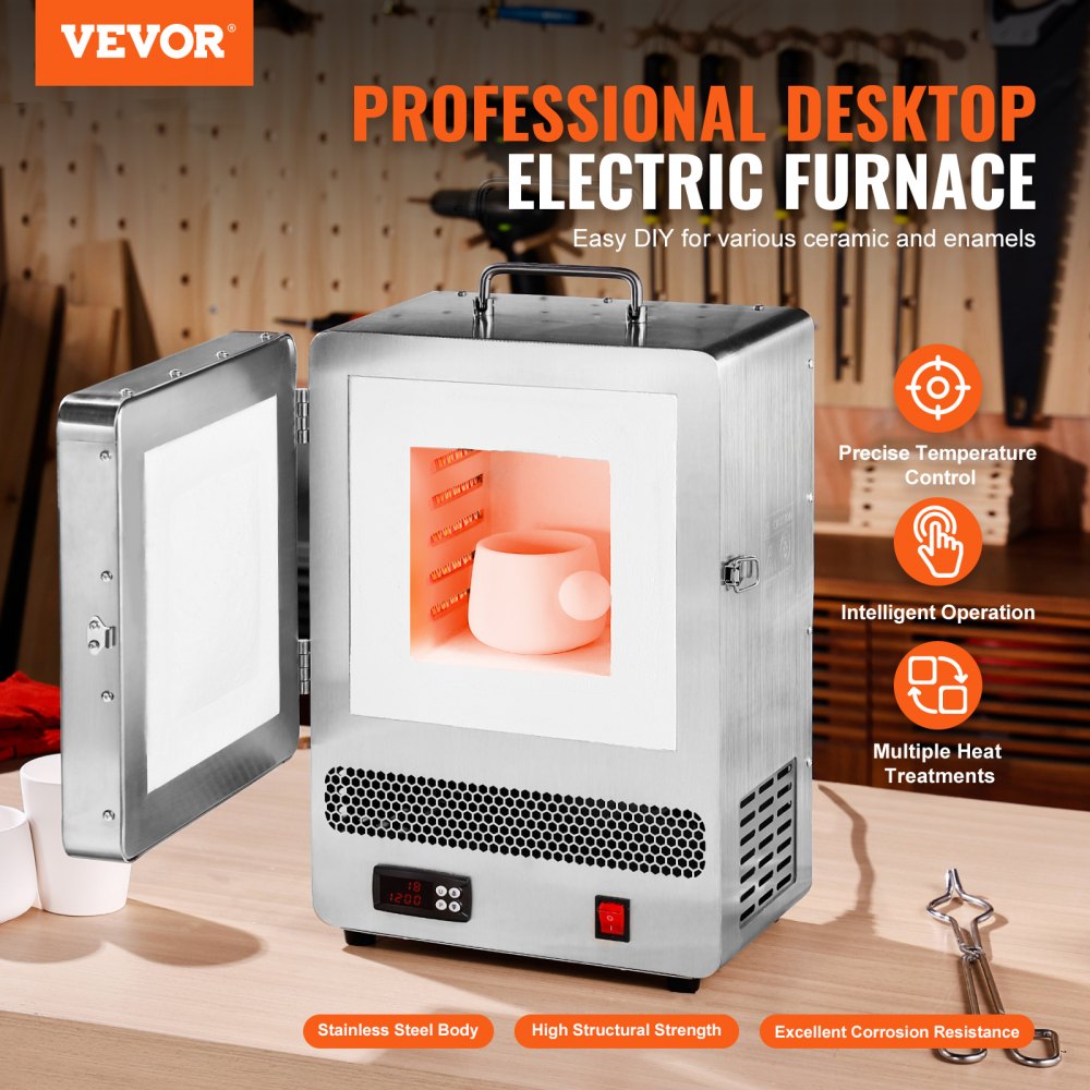 VEVOR Tabletop Kiln Melter, 1500W Electric Kiln, 2192℉ Max Temperature, Precise Control, Stainless Steel, Gold Melting