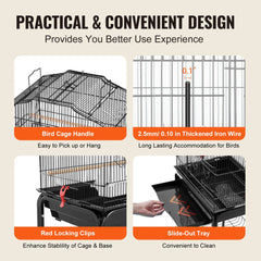 VEVOR 64-inch Open Top Large Parrot Bird Cage with Detachable Rolling Stand for Parakeets Finches Canaries Lovebirds