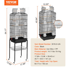 VEVOR 64-inch Open Top Large Parrot Bird Cage with Detachable Rolling Stand for Parakeets Finches Canaries Lovebirds