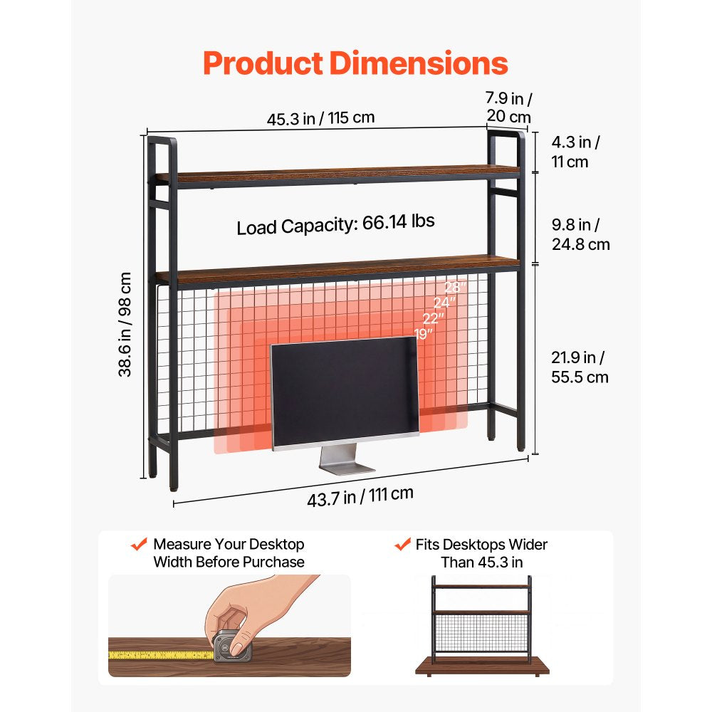 VEVOR Desktop Bookshelf 3-Tier Countertop Storage Hutch with Grid Black, for Computer Desk, Metal Frame and Wooden