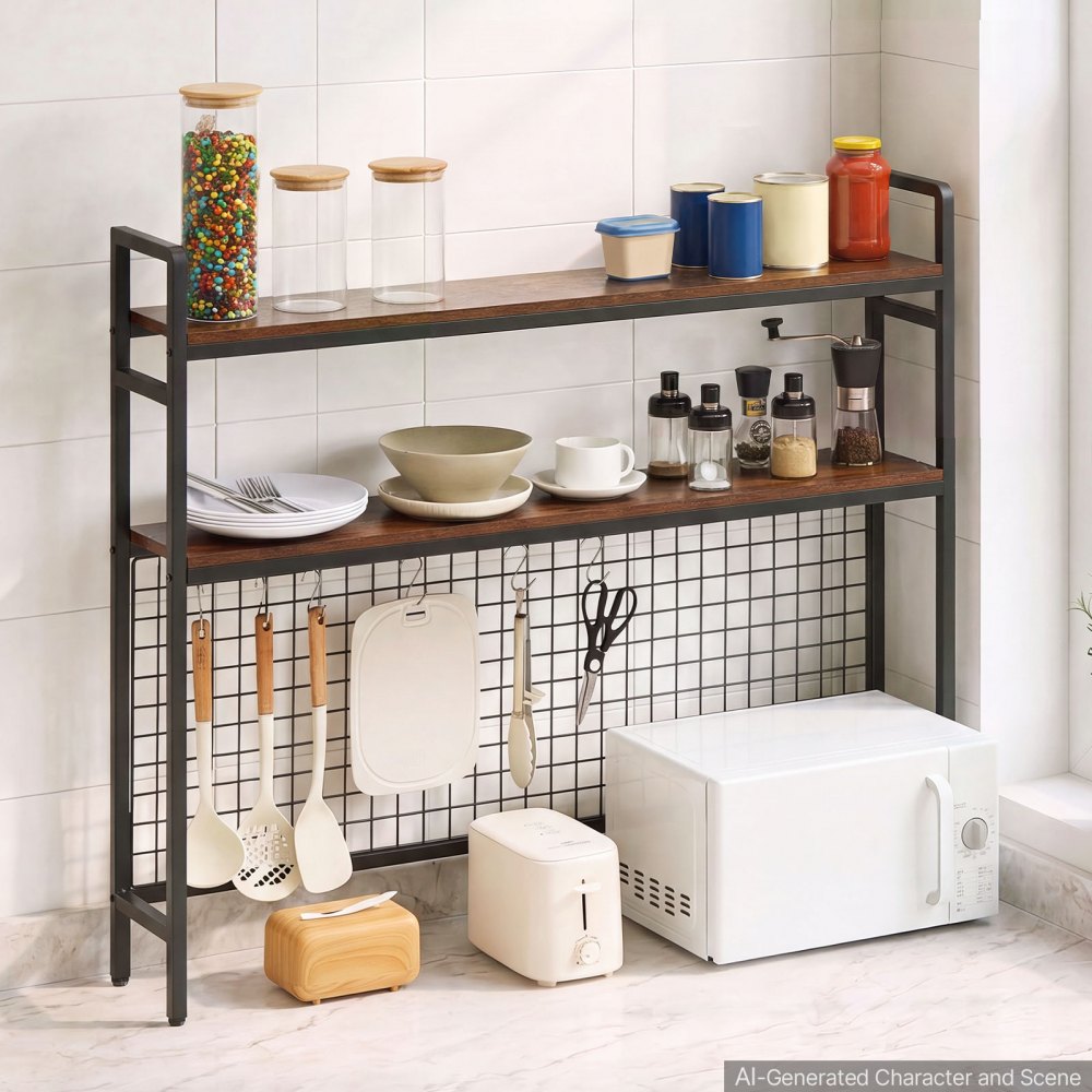 VEVOR Desktop Bookshelf 3-Tier Countertop Storage Hutch with Grid Black, for Computer Desk, Metal Frame and Wooden