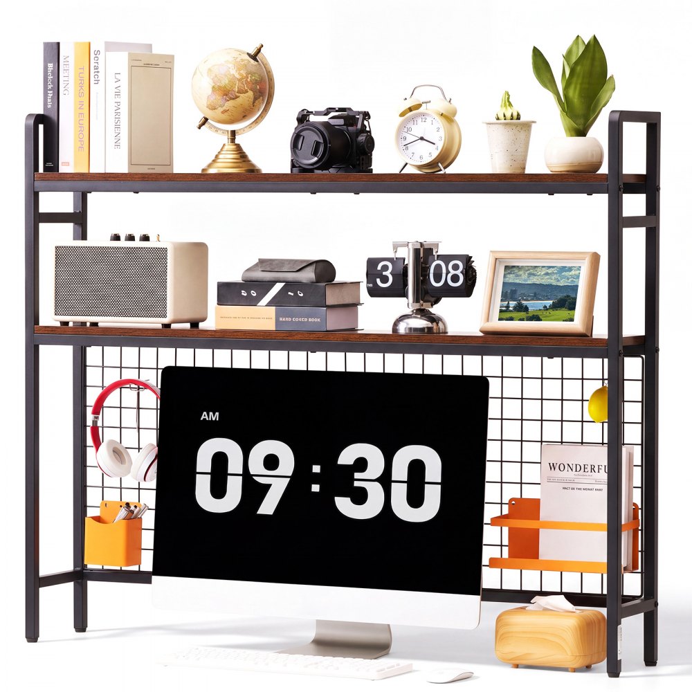 VEVOR Desktop Bookshelf 3-Tier Countertop Storage Hutch with Grid Black, for Computer Desk, Metal Frame and Wooden