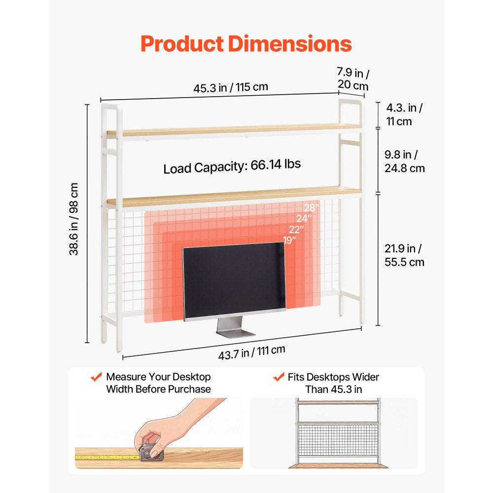 VEVOR Desktop Bookshelf 3-Tier Countertop Storage Hutch with Grid White, for Computer Desk, Metal Frame and Wooden