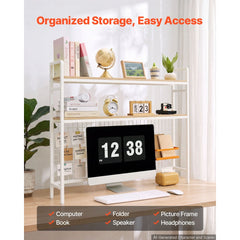VEVOR Desktop Bookshelf 3-Tier Countertop Storage Hutch with Grid White, for Computer Desk, Metal Frame and Wooden