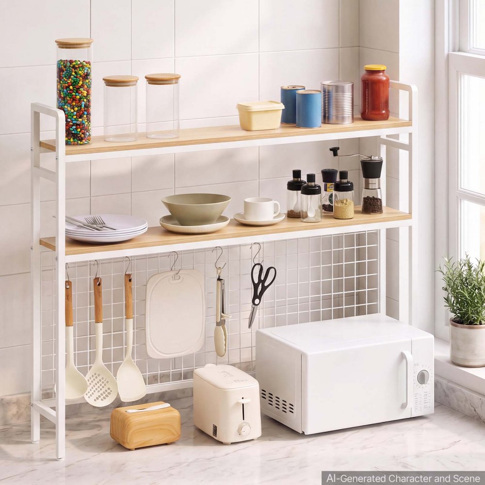 VEVOR Desktop Bookshelf 3-Tier Countertop Storage Hutch with Grid White, for Computer Desk, Metal Frame and Wooden