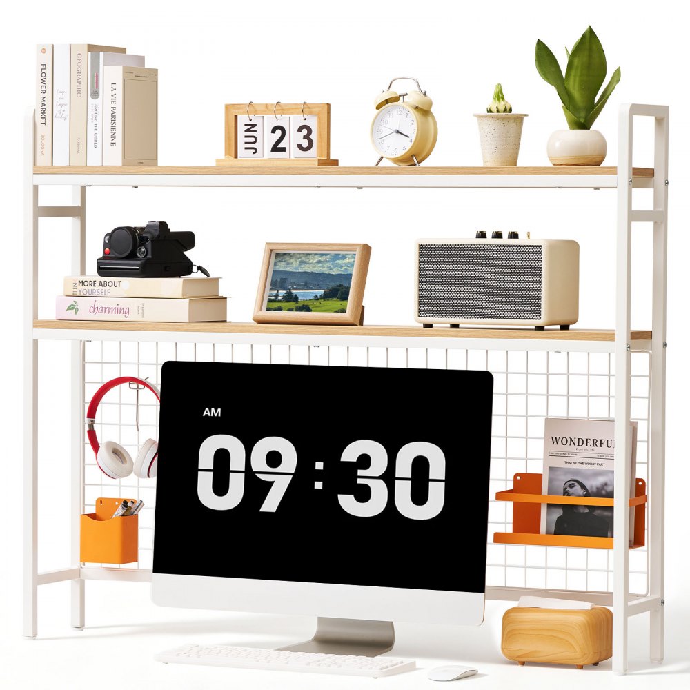 VEVOR Desktop Bookshelf 3-Tier Countertop Storage Hutch with Grid White, for Computer Desk, Metal Frame and Wooden