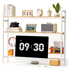 VEVOR Desktop Bookshelf 3-Tier Countertop Storage Hutch with Grid White, for Computer Desk, Metal Frame and Wooden