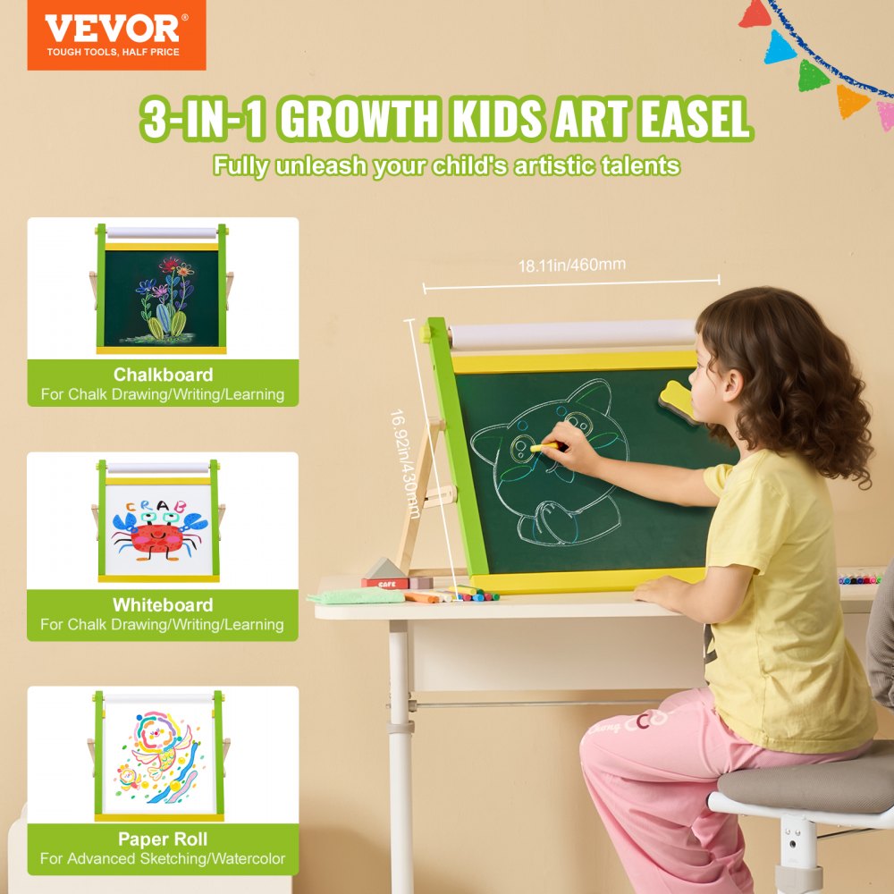 VEVOR Tabletop Art Easel for Kids, 3-in-1 Wooden Double-Sided Kid's Art Easel with Magnetic Whiteboard, Chalkboard