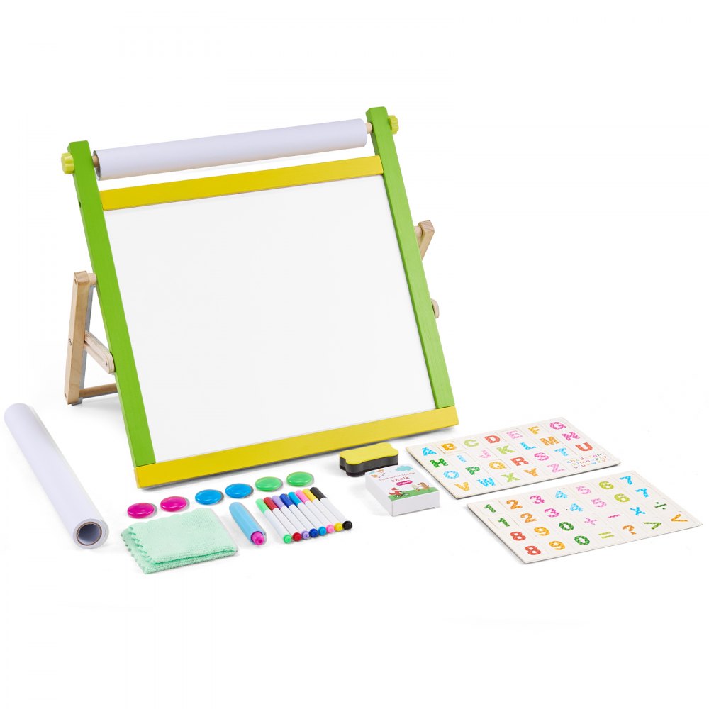 VEVOR Tabletop Art Easel for Kids, 3-in-1 Wooden Double-Sided Kid's Art Easel with Magnetic Whiteboard, Chalkboard