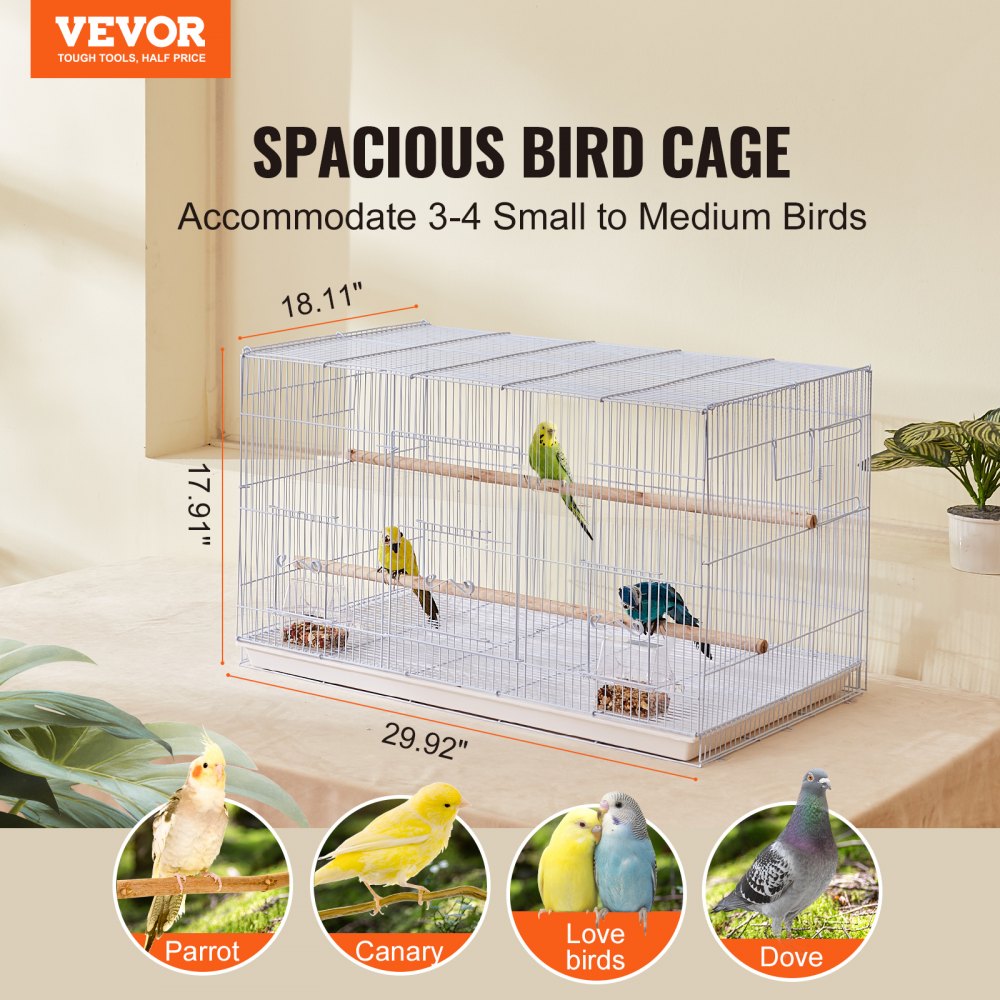 VEVOR 30-inch Flight Bird Cage, Stackable Bird Cage for Small Parrots Canaries Cockatiels Lovebirds Finches Budgies