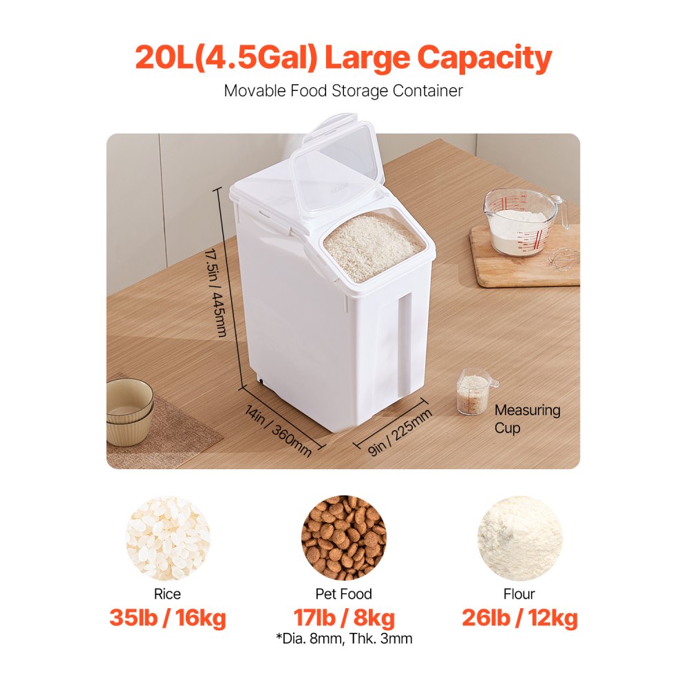 VEVOR Rice Storage Container, 4.5Gallon/20L Capacity Large Dog Food Dispenser Bin, Kitchen Ingredient Grain Cereal
