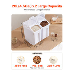 VEVOR Rice Storage Container, 4.5Gallon/20L x2 Capacity Large Dog Food Dispenser Bin, Kitchen Ingredient Grain Cereal