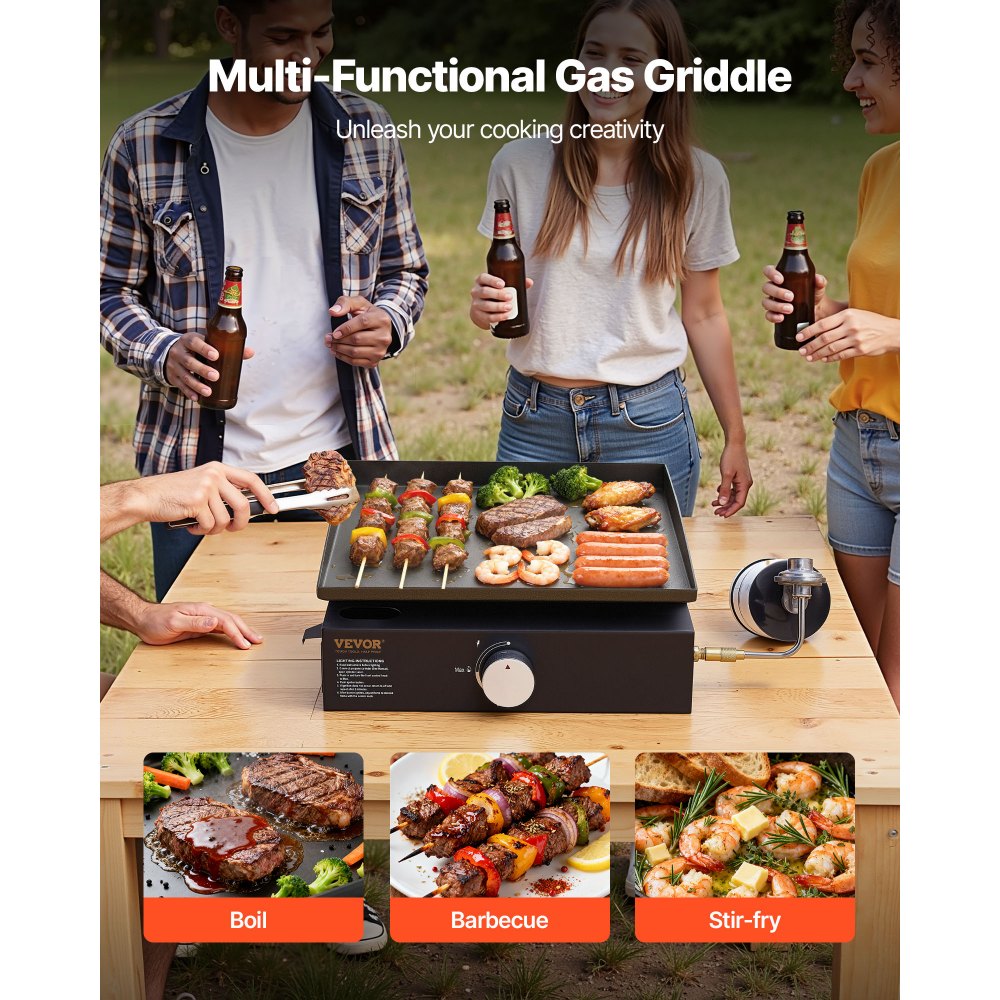 VEVOR Commercial Griddle, 16.9" Heavy Duty Manual Flat Top Griddle, Countertop Gas Grill with Non-Stick Cooking Plate