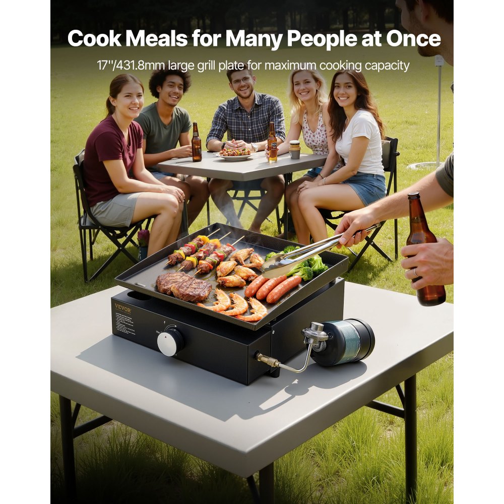 VEVOR Commercial Griddle, 16.9" Heavy Duty Manual Flat Top Griddle, Countertop Gas Grill with Non-Stick Cooking Plate