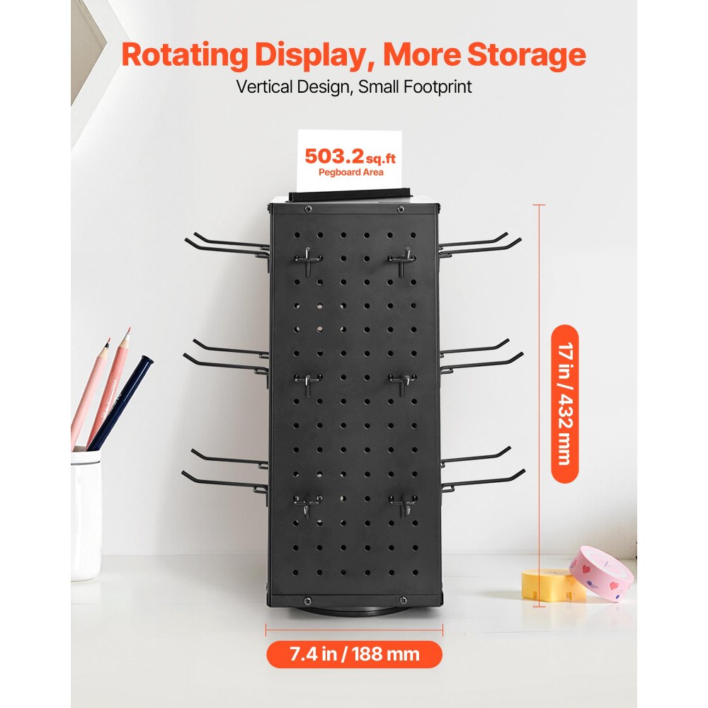 VEVOR Rotating Pegboard Display Stand, 7.4 x 7.4 x 17 in 4-Sided Spinning Peg Board Display with 24 Hooks, Thickened