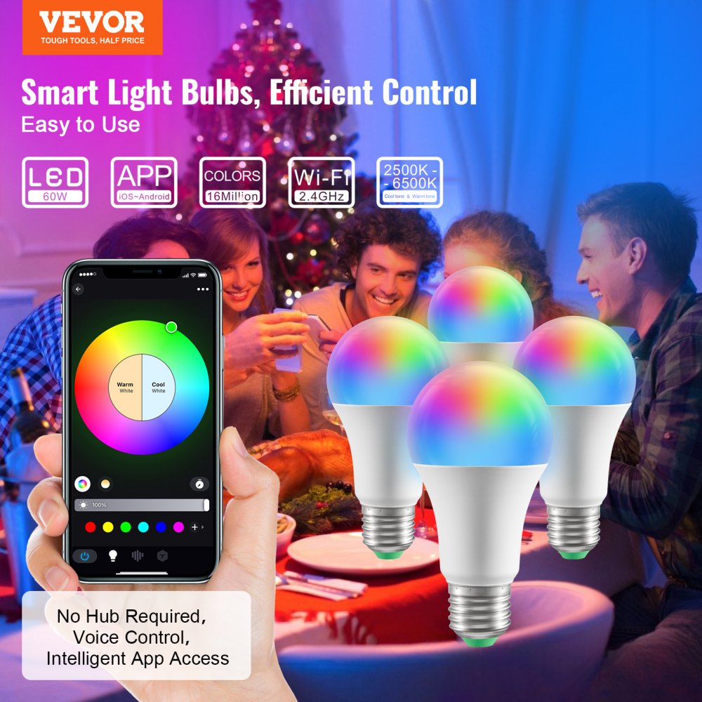 VEVOR Smart Light Bulbs, 4-Pack, 9W Multicolor LED Bulbs, 800 Lumens with Smart Control Compatibility for Vera, Google