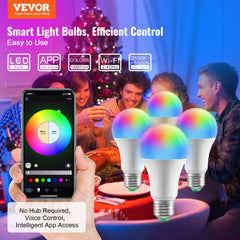 VEVOR Smart Light Bulbs, 4-Pack, 9W Multicolor LED Bulbs, 800 Lumens with Smart Control Compatibility for Vera, Google