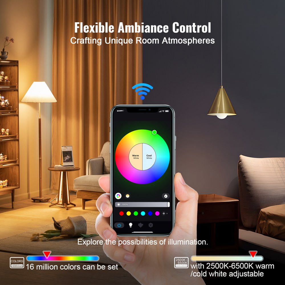 VEVOR Smart Light Bulbs, 4-Pack, 9W Multicolor LED Bulbs, 800 Lumens with Smart Control Compatibility for Vera, Google