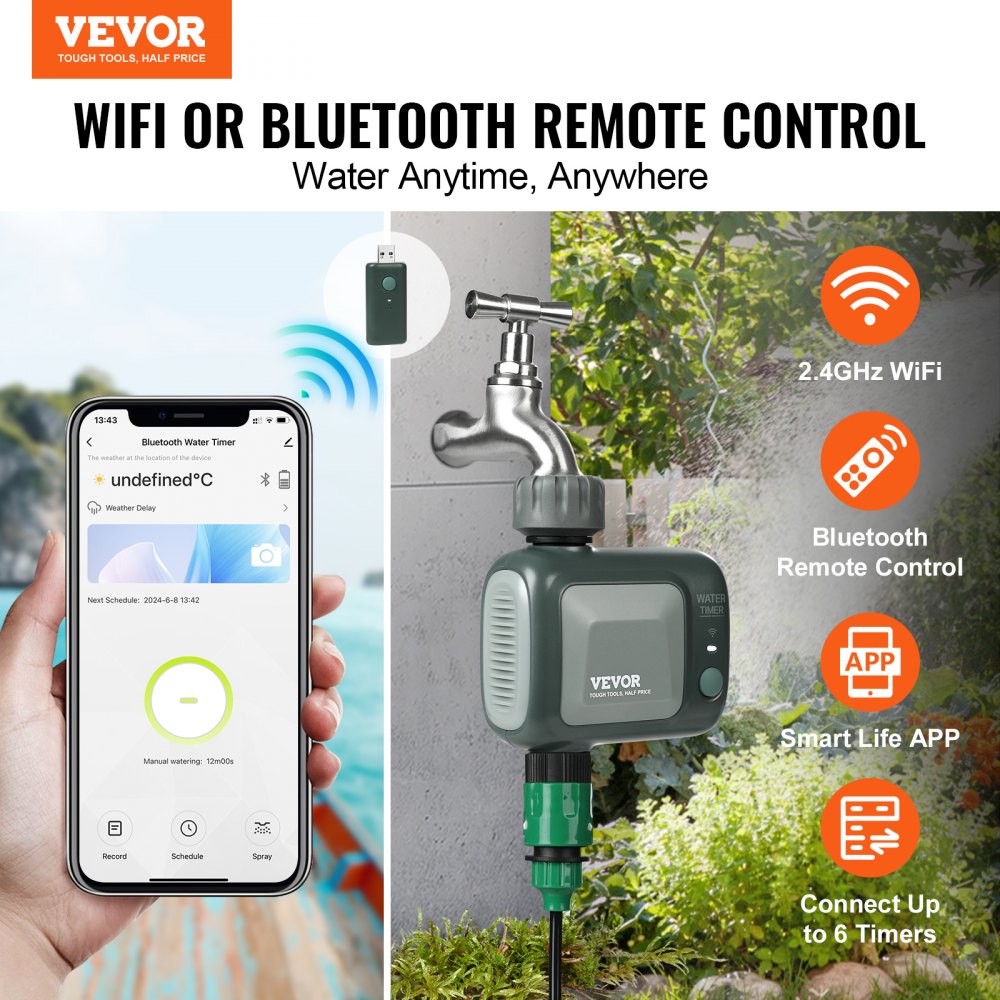 VEVOR WiFi Sprinkler Timer, Single Outlet, Smart Hose Faucet Water Timer with Brass Inlet, APP Control via 2.4Ghz WiFi