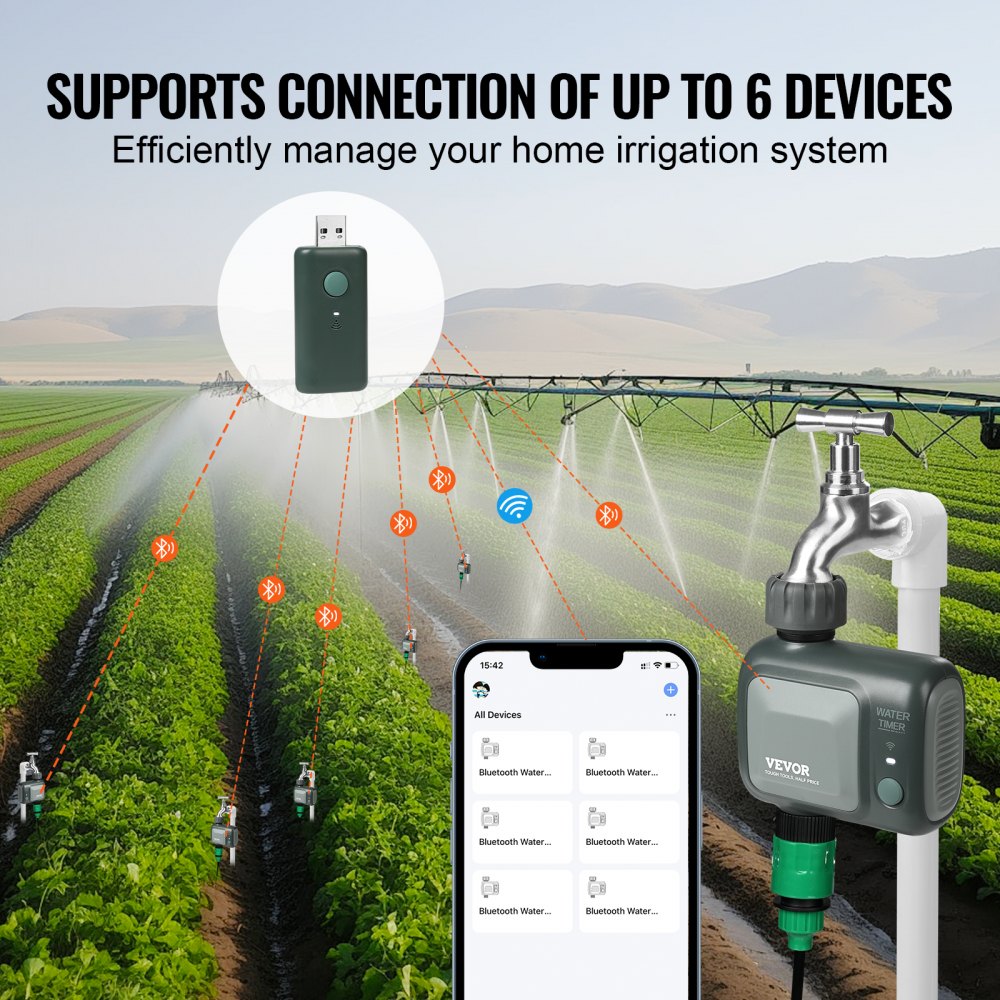 VEVOR WiFi Sprinkler Timer, Single Outlet, Smart Hose Faucet Water Timer with Brass Inlet, APP Control via 2.4Ghz WiFi