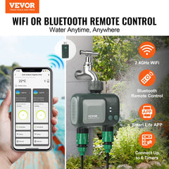 VEVOR WiFi Sprinkler Timer, 2 Outlets, Smart Hose Faucet Water Timer with Brass Inlet, APP Control via 2.4Ghz WiFi or