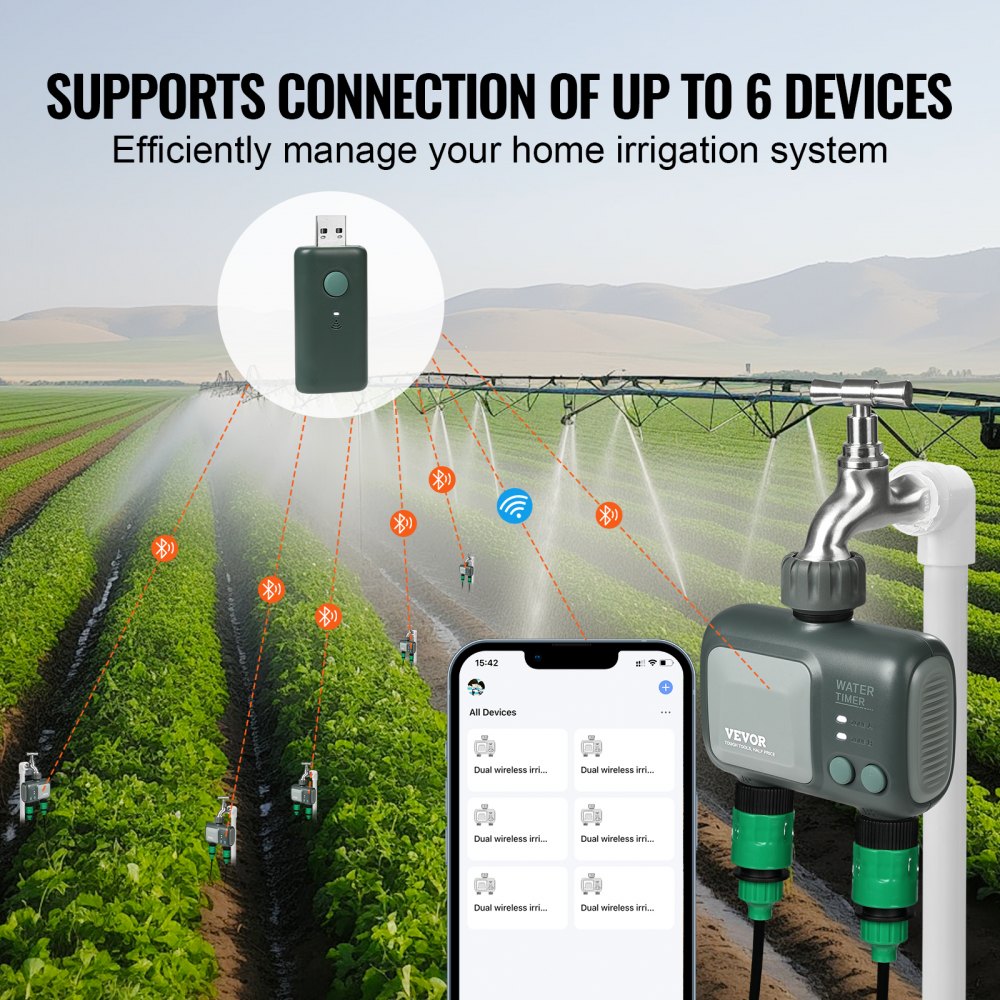 VEVOR WiFi Sprinkler Timer, 2 Outlets, Smart Hose Faucet Water Timer with Brass Inlet, APP Control via 2.4Ghz WiFi or