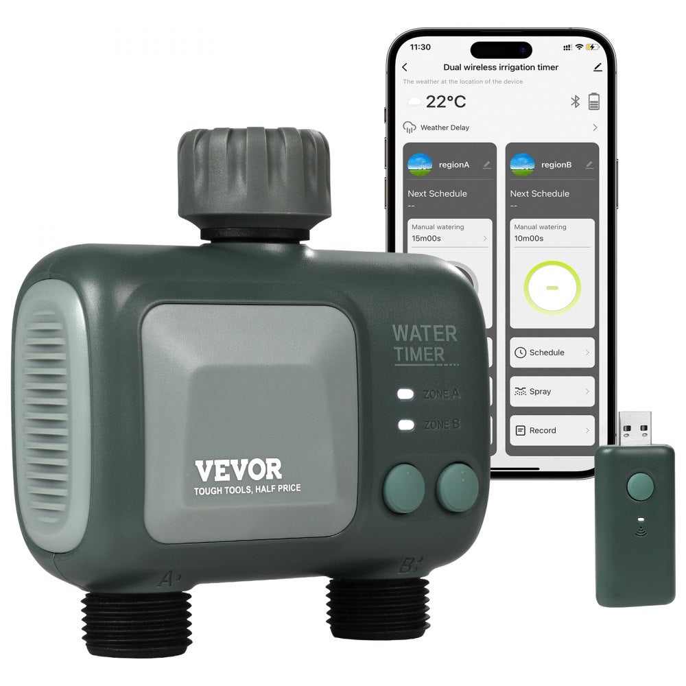 VEVOR WiFi Sprinkler Timer, 2 Outlets, Smart Hose Faucet Water Timer with Brass Inlet, APP Control via 2.4Ghz WiFi or