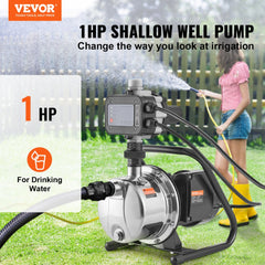 VEVOR Shallow Well Pump, 1HP 115V, 1200 GPH 145 ft Head, Portable Stainless Steel Sprinkler Booster Jet Pumps with