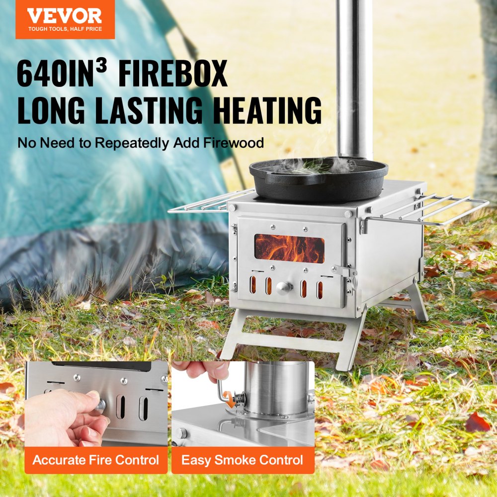 VEVOR Wood Stove, 80 inch, Stainless Steel Camping Tent Stove, Portable Wood Burning Stove with Chimney Pipes & Gloves