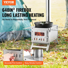 VEVOR Wood Stove, 80 inch, Stainless Steel Camping Tent Stove, Portable Wood Burning Stove with Chimney Pipes & Gloves