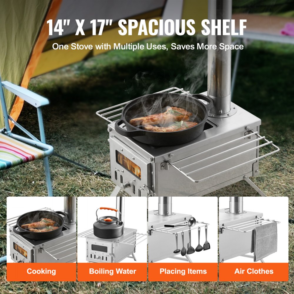 VEVOR Wood Stove, 80 inch, Stainless Steel Camping Tent Stove, Portable Wood Burning Stove with Chimney Pipes & Gloves