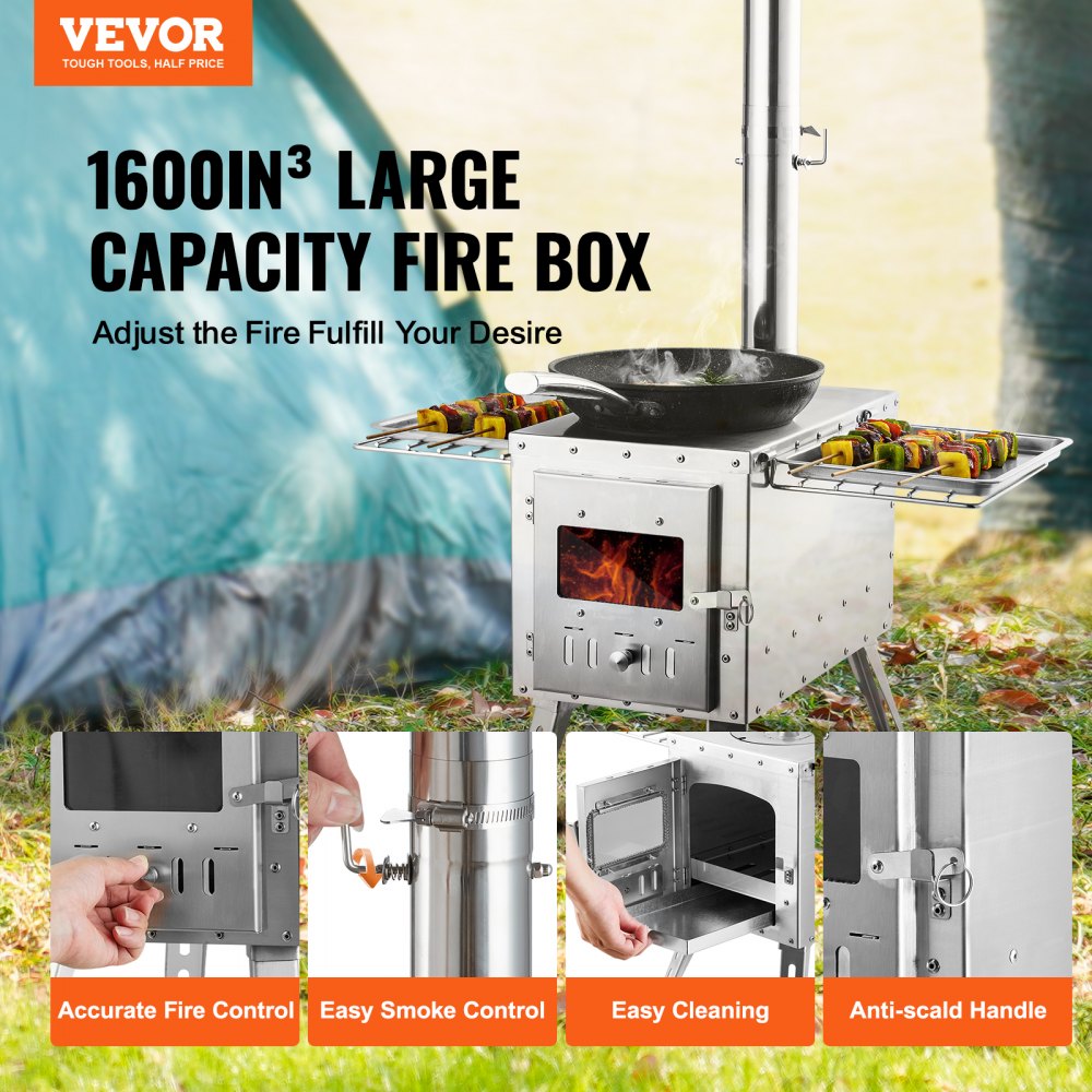 VEVOR Wood Stove, 86 inch, Stainless Steel Camping Tent Stove, Portable Wood Burning Stove with Chimney Pipes & Gloves
