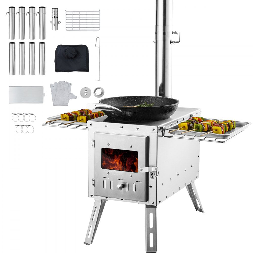 VEVOR Wood Stove, 86 inch, Stainless Steel Camping Tent Stove, Portable Wood Burning Stove with Chimney Pipes & Gloves