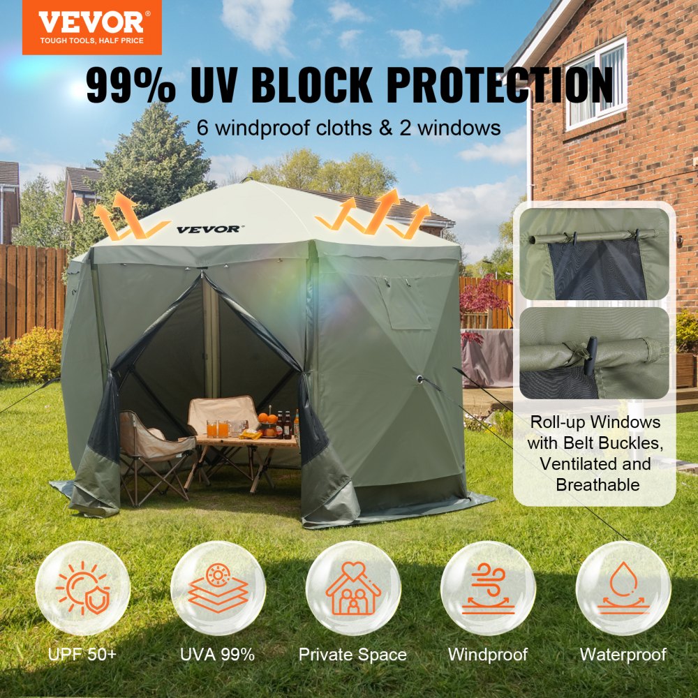 VEVOR Pop Up Gazebo Tent, Pop-Up Screen Tent 6 Sided Canopy Sun Shelter with 6 Removable Privacy Wind Cloths & Mesh