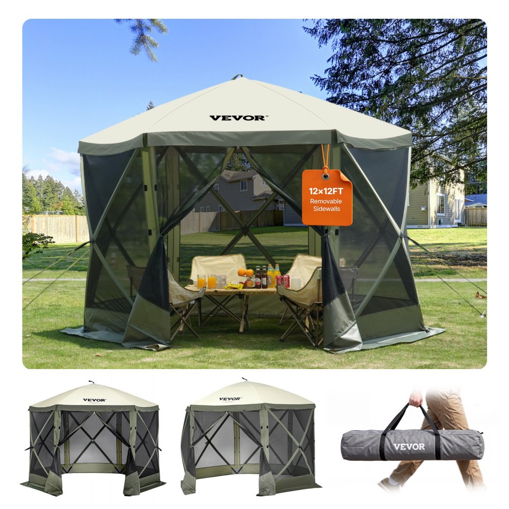 VEVOR Pop Up Gazebo Tent, Pop-Up Screen Tent 6 Sided Canopy Sun Shelter with 6 Removable Privacy Wind Cloths & Mesh