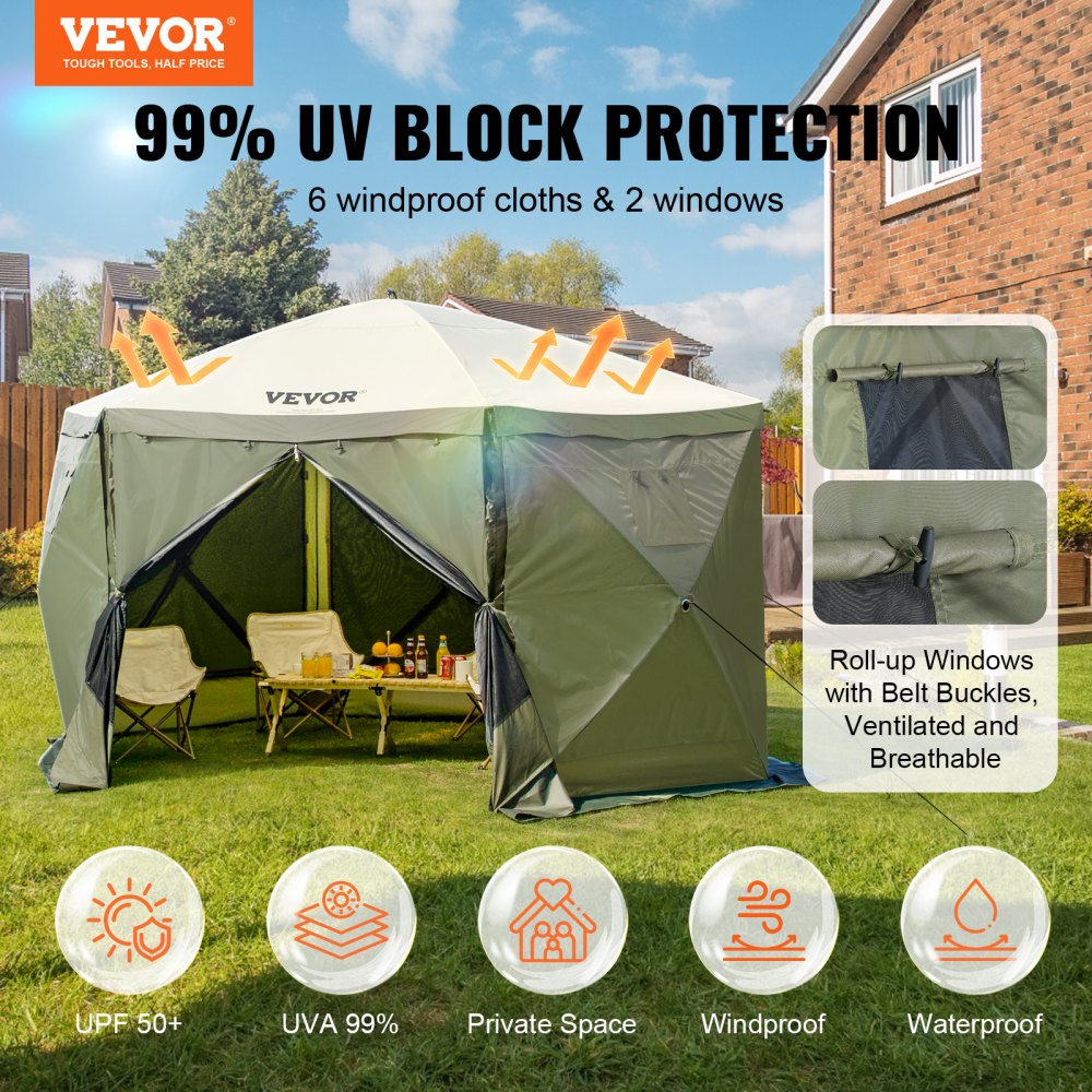 VEVOR Pop Up Gazebo Tent, Pop-Up Screen Tent 6 Sided Canopy Sun Shelter with 6 Removable Privacy Wind Cloths & Mesh
