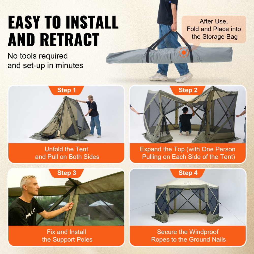 VEVOR Pop Up Gazebo Tent, Pop-Up Screen Tent 6 Sided Canopy Sun Shelter with 6 Removable Privacy Wind Cloths & Mesh