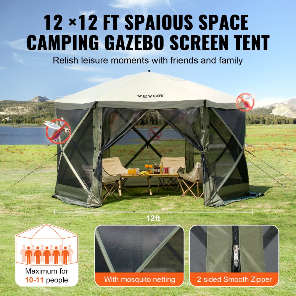 VEVOR Pop Up Gazebo Tent, Pop-Up Screen Tent 6 Sided Canopy Sun Shelter with 6 Removable Privacy Wind Cloths & Mesh
