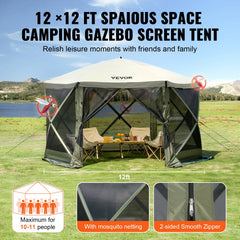 VEVOR Pop Up Gazebo Tent, Pop-Up Screen Tent 6 Sided Canopy Sun Shelter with 6 Removable Privacy Wind Cloths & Mesh