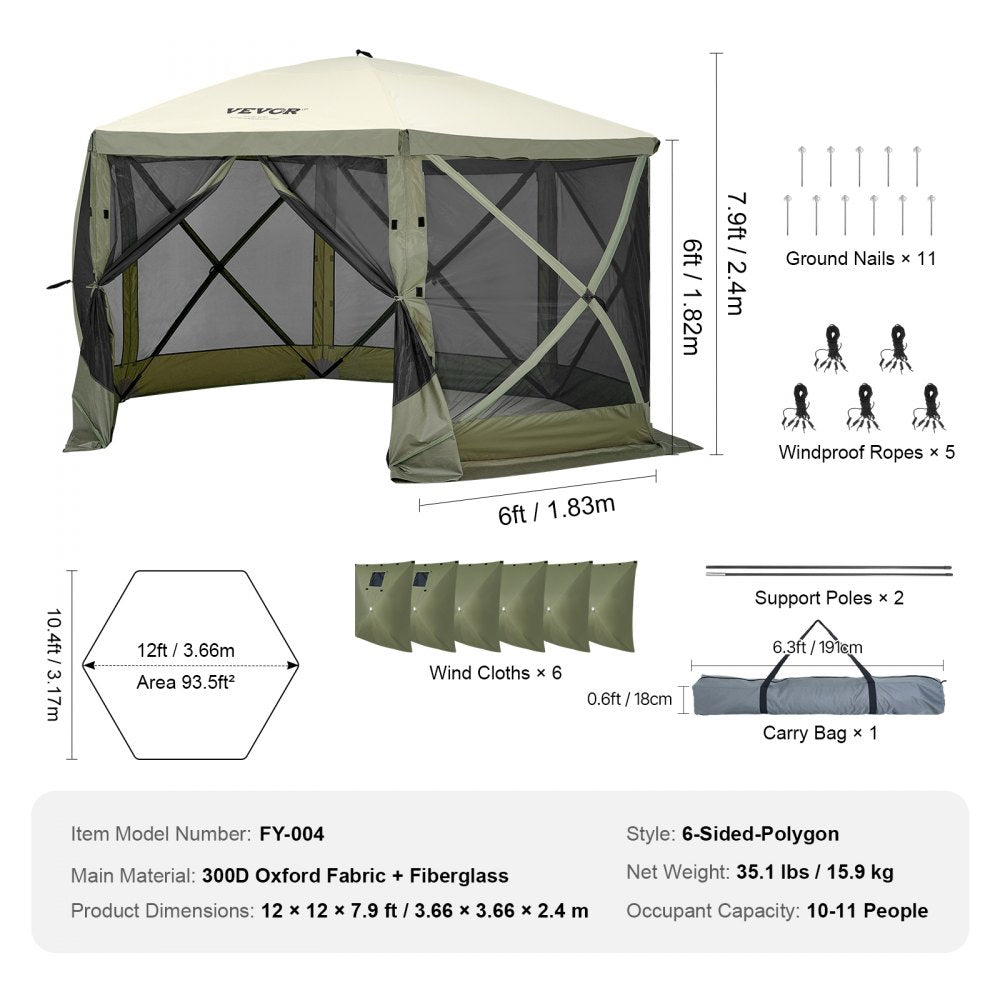 VEVOR Pop Up Gazebo Tent, Pop-Up Screen Tent 6 Sided Canopy Sun Shelter with 6 Removable Privacy Wind Cloths & Mesh