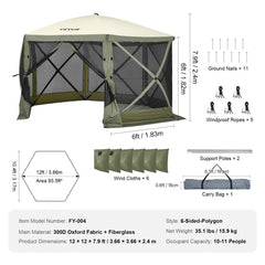 VEVOR Pop Up Gazebo Tent, Pop-Up Screen Tent 6 Sided Canopy Sun Shelter with 6 Removable Privacy Wind Cloths & Mesh