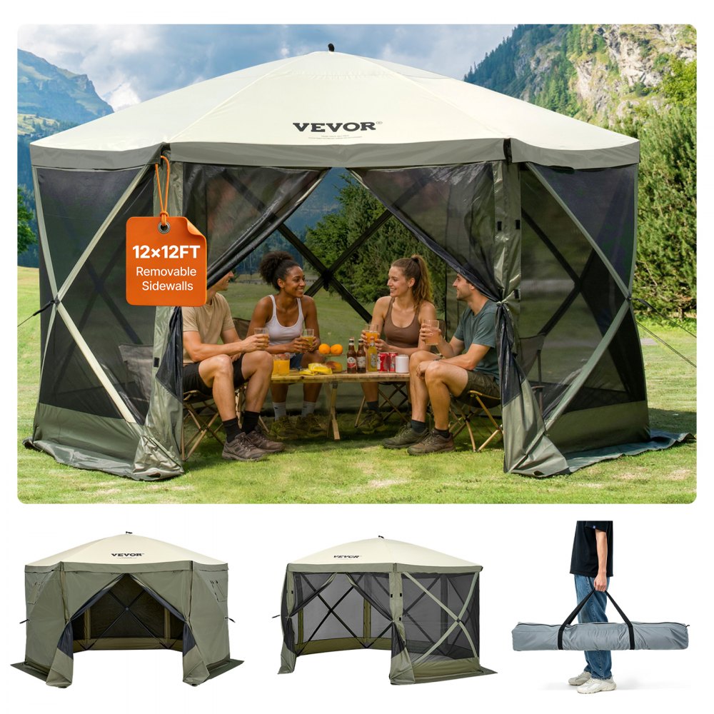 VEVOR Pop Up Gazebo Tent, Pop-Up Screen Tent 6 Sided Canopy Sun Shelter with 6 Removable Privacy Wind Cloths & Mesh