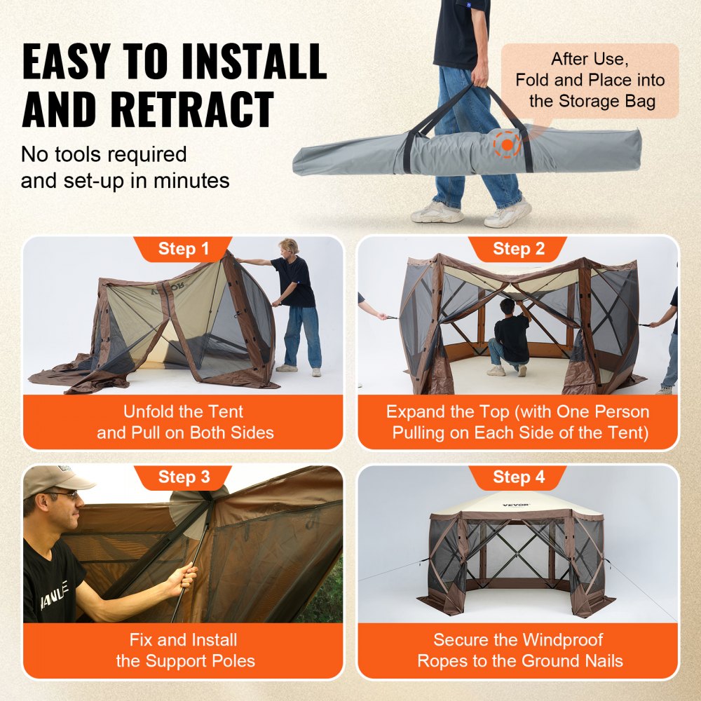VEVOR Pop Up Gazebo Tent, Pop-Up Screen Tent 6 Sided Canopy Sun Shelter with 6 Removable Privacy Wind Cloths & Mesh
