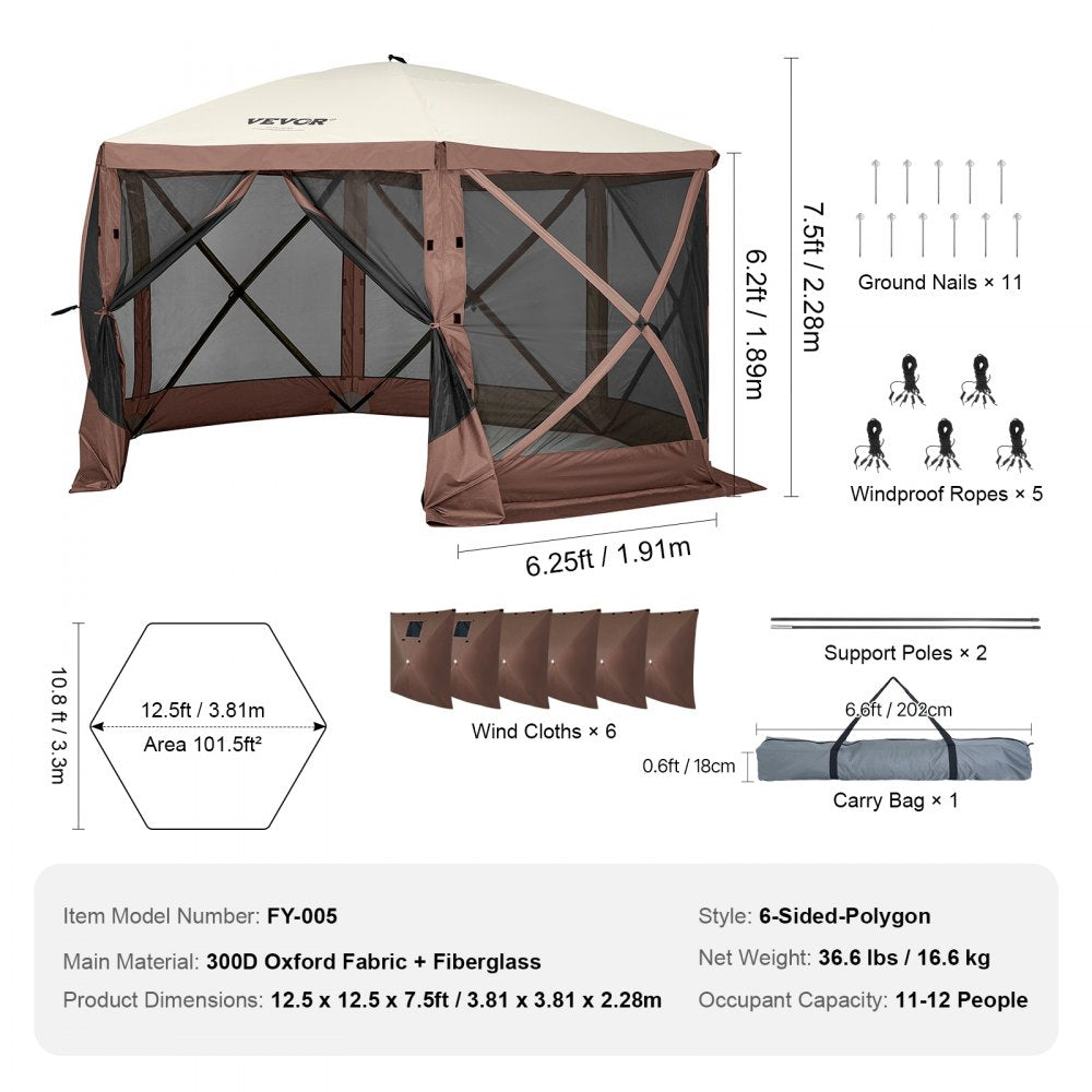 VEVOR Pop Up Gazebo Tent, Pop-Up Screen Tent 6 Sided Canopy Sun Shelter with 6 Removable Privacy Wind Cloths & Mesh