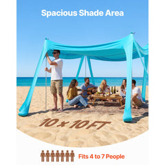 VEVOR Beach Tent Sun Shelter, UPF50+ Sun Protection, 6.6 ft Tall, 10 x 10 ft, Easy Pop Up Beach Canopy with Sandbags
