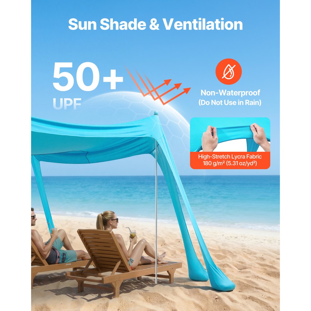 VEVOR Beach Tent Sun Shelter, UPF50+ Sun Protection, 6.6 ft Tall, 10 x 10 ft, Easy Pop Up Beach Canopy with Sandbags